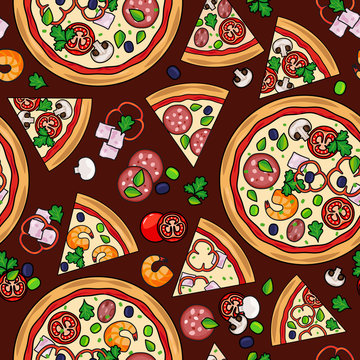 Pizza pattern with slices and ingredients on dark background. Vector illustration