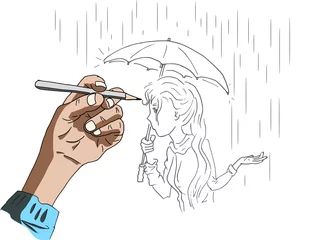 Foto auf Acrylglas Een tekening maken van een dame met paraplu © emieldelange