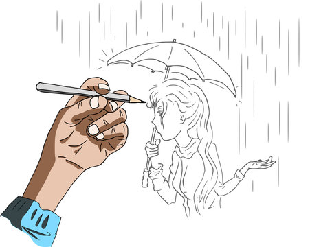 Een tekening maken van een dame met paraplu