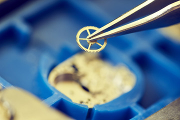 Watch production or clock repair. gear wheel macro view