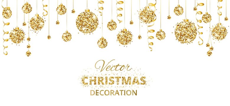 Horizontal banner with hanging christmas balls and ribbons isolated on white.