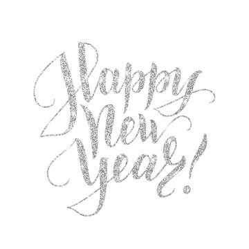 Happy new year card with silver glitter lettering
