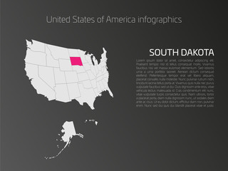United States of America, aka USA or US, map infographics template. 3D perspective dark theme with pink highlighted South Dakota, state name and text area on the left side.