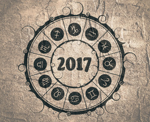 New Year and Christmas celebration card template. Zodiac circle with 2017 new year number. Concrete textured