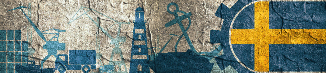 Cargo port relative icons set. Sweden flag in gear. Concrete textured illustration for web banner or header