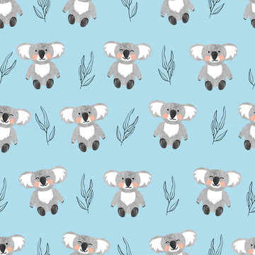 Seamless pattern with cute watercolor koala bears on blue. Vector background for kids.