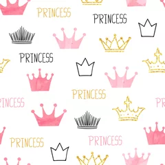 Foto op Plexiglas Meisjeskamer Weinig prinses naadloos patroon in roze en gouden kleuren. Vectorachtergrond met waterverf en glinsterende kronen