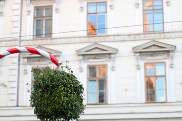 Candy cane and mistletoe decoration in Zagreb, Croatia. Advent in Zagreb Fair was voted as the European Best Christmas Destination for 2016.