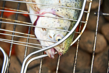 Closeup of fresh fish Trout on grill. Shallow dof