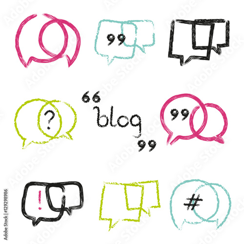 "Hand drawn blog logo set. Colorful square and circle speech bubbles