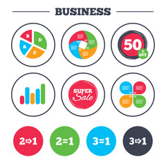 Fototapeta premium Business pie chart. Growth graph. Special offer icons. Take two pay for one sign symbols. Profit at saving. Super sale and discount buttons. Vector