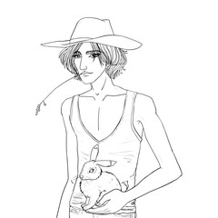 Cartoon style drawn vector isolated illustration of blond sexy country young man in a cowboy hat with a rabbit in his hand. Coloring book. Line art.
