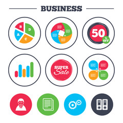 Business pie chart. Growth graph. Accounting workflow icons. Human silhouette, cogwheel gear and documents folders signs symbols. Super sale and discount buttons. Vector