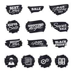 Ink brush sale stripes and banners. Accounting workflow icons. Human silhouette, cogwheel gear and documents folders signs symbols. Black friday. Ink stroke. Vector