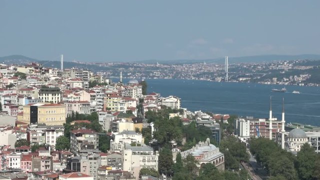 Istanbul skyline Beyoglu district and the Bosphorus as seen from the Galata Tower on a sunny day in Istanbul, Turkey.