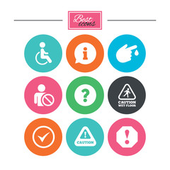Attention notification icons. Question mark and information signs. Injury and disabled person symbols. Colorful flat buttons with icons. Vector