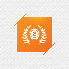Second place award sign icon. Prize for winner symbol. Laurel Wreath. Orange square label on pattern. Vector