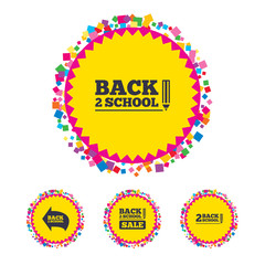 Web buttons with confetti pieces. Back to school sale icons. Studies after the holidays signs. Pencil symbol. Bright stylish design. Vector