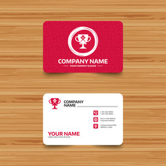 Business card template with texture. Baseball bats and ball sign icon. Sport hit equipment symbol. Winner award cup. Phone, web and location icons. Visiting card  Vector
