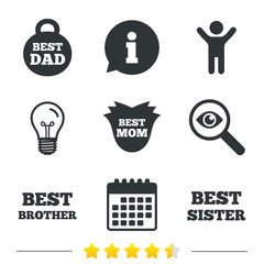 Best mom and dad, brother and sister icons. Weight and flower signs. Award symbols. Information, light bulb and calendar icons. Investigate magnifier. Vector