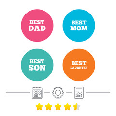 Best mom and dad, son and daughter icons. Award symbols. Calendar, cogwheel and report linear icons. Star vote ranking. Vector