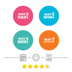 Best mom and dad, son and daughter icons. Awards with exclamation mark symbols. Calendar, cogwheel and report linear icons. Star vote ranking. Vector