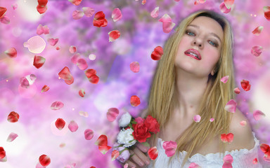 Obraz na płótnie Canvas Beautiful blonde girl , with bouquet of flowers