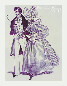 1831 fashion, French magazine La Mode presents gentleman and lady  with fancy cloths for outdoor promenade 