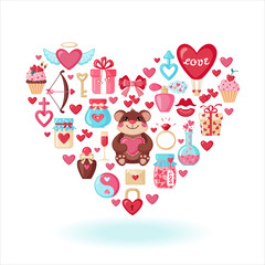 Valentines Day icons in heart shape.