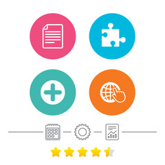 Plus add circle and puzzle piece icons. Document file and globe with hand pointer sign symbols. Calendar, cogwheel and report linear icons. Star vote ranking. Vector