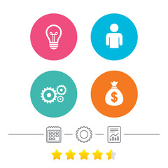 Business icons. Human silhouette and lamp bulb idea signs. Dollar money bag and gear symbols. Calendar, cogwheel and report linear icons. Star vote ranking. Vector