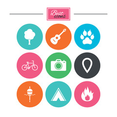 Tourism, camping icons. Fishing, fire and bike signs. Guitar music, photo camera and paw with clutches. Colorful flat buttons with icons. Vector