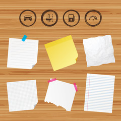 Business paper banners with notes. Transport icons. Car tachometer and automatic transmission symbols. Petrol or Gas station sign. Sticky colorful tape. Vector