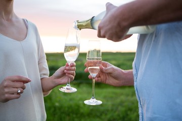 Close-up of couple having champagne in field