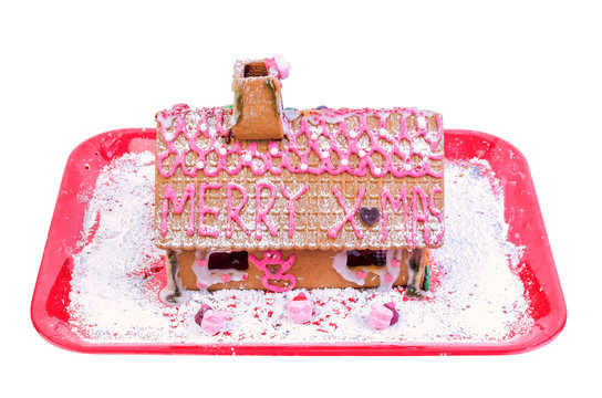 Ginger House On The Red Tray Isolated On White Background