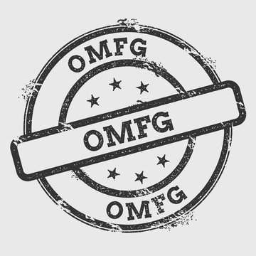 Omfg rubber stamp isolated on white background. Grunge round seal with text, ink texture and splatter and blots, vector illustration.