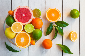 Various citrus fruits (orange, grapeftuit, lemon, mandarine, lime)