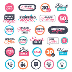 Sale shopping stickers and banners. Group of people and share icons. Speech bubble and round the world arrow symbols. Communication signs. Website badges. Black friday. Vector