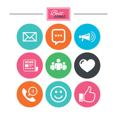 Mail, news icons. Conference, like and group signs. E-mail, chat message and phone call symbols. Colorful flat buttons with icons. Vector