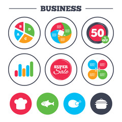 Fototapeta premium Business pie chart. Growth graph. Chief hat and cooking pan icons. Fish and chicken signs. Boil or stew food symbol. Super sale and discount buttons. Vector