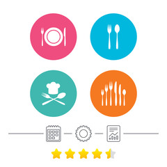 Plate dish with forks and knifes icons. Chief hat sign. Crosswise cutlery symbol. Dessert fork. Calendar, cogwheel and report linear icons. Star vote ranking. Vector