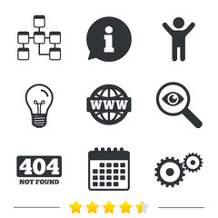 Website database icon. Internet globe and gear signs. 404 page not found symbol. Under construction. Information, light bulb and calendar icons. Investigate magnifier. Vector