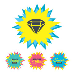 Sale stickers and banners. Diamond sign icon. Jewelry symbol. Gem stone. Star labels. Vector