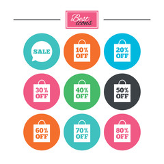 Fototapeta premium Sale discounts icons. Special offer signs. Shopping bag, price tag symbols. Colorful flat buttons with icons. Vector