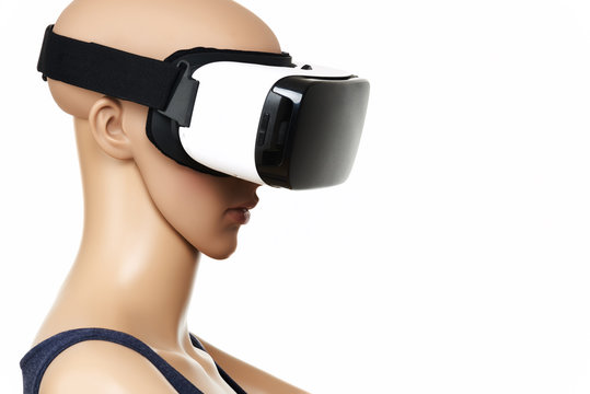 AI, Mannequin with virtual reality glasses on white background