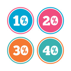 Sale discount icons. Special offer price signs. 10, 20, 30 and 40 percent off reduction symbols. Colored circle buttons. Vector