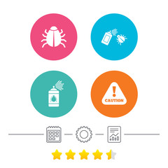 Bug disinfection icons. Caution attention symbol. Insect fumigation spray sign. Calendar, cogwheel and report linear icons. Star vote ranking. Vector