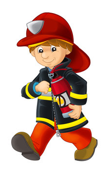 Cartoon happy and funny fireman walking with extinguisher - isolated - illustration for children