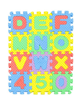 Alphabet and number jigsaw set isolated on white background.