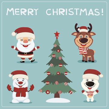 Merry Christmas! Set funny christmas characters: Santa Claus, reindeer, snowman, polar bear and christmas tree.